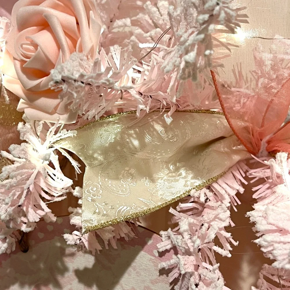 Handmade 22” Valentine’s Day Pink Flocked Garland Gnome LED Wreath W30